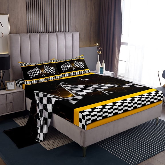 Erosebridal Yellow Stripes Geometric Twin Sheet Sets, Race Car Bedding Twin Size, Sports Theme Decor