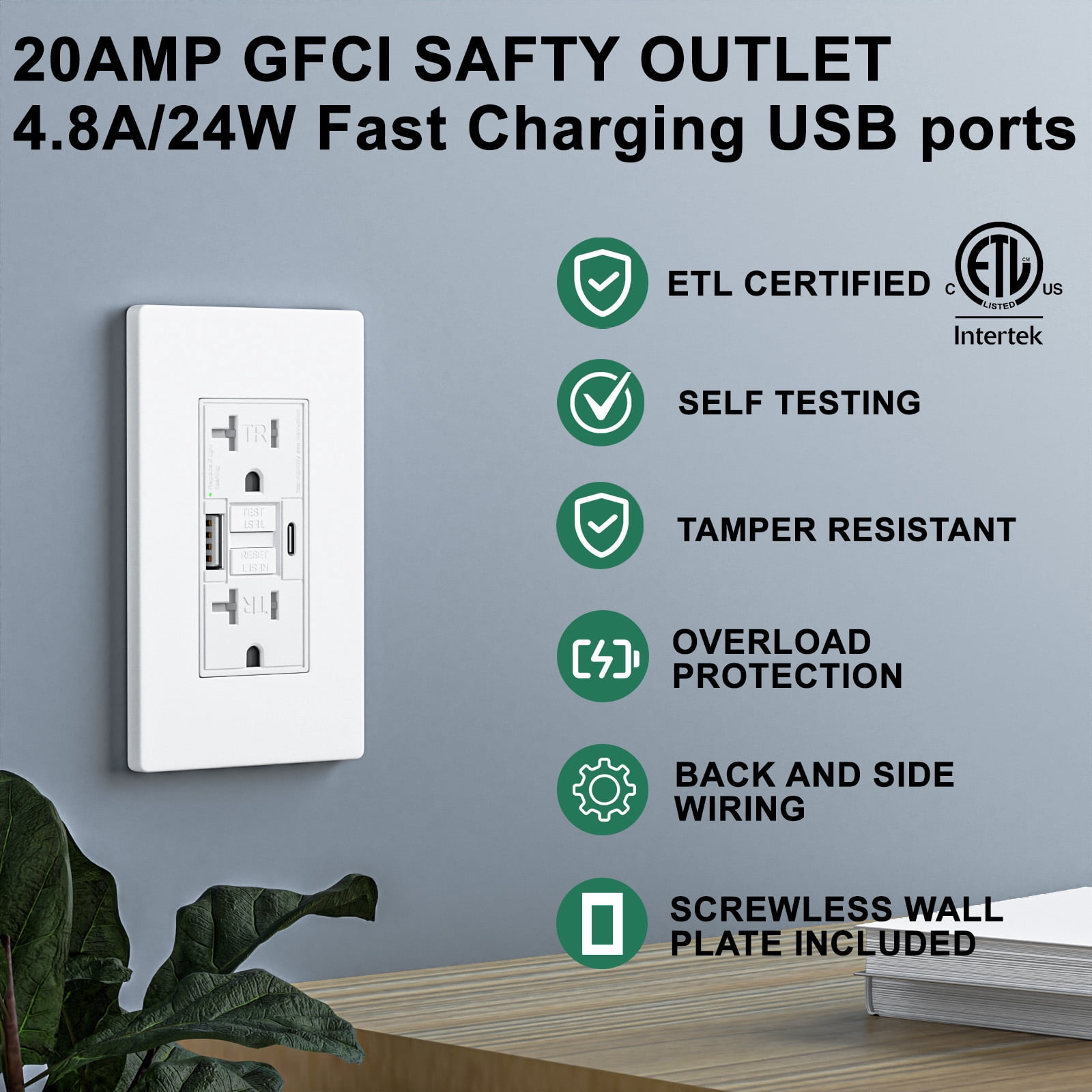 20AMP GFCI Outlet with 4.8A/24W Type A & Type C USB Charging Ports, Self-Test, Tamper Resistant, GFCI Receptacle Outlet, Screwless Wall Plate Include, ETL Listed, White 2Pack