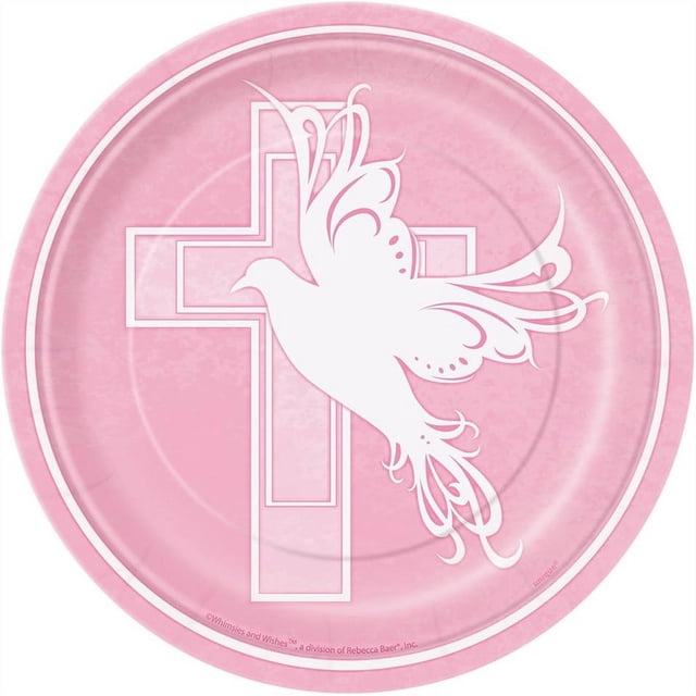 Unique Party - Platos para Fiesta Diseño Cruz con Paloma de Papel Bautizo - Pack de 8 (Rosa, Blanco)