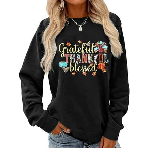 Grateful Thankful Blessed Pumpkin Print Halloween Shirt Long Sleeve Shirts For Women
