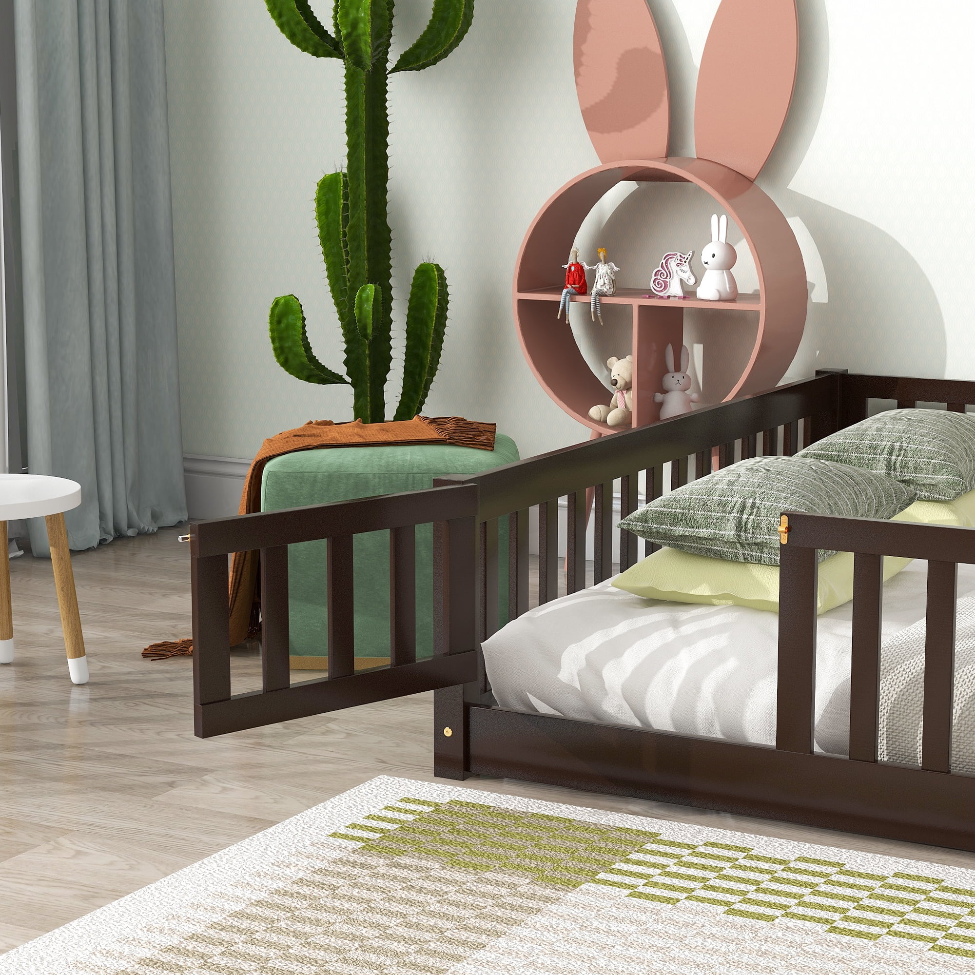 Miniyam Queen Size Toddler Floor Bed with Fence, Espresso
