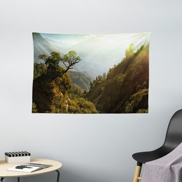 Landscape Tapestry, Forest Nepal Himalaya Mountains Sunlight Majestic Scenery Nature Photo, Wall Hanging for Bedroom Living Room Dorm Decor, 60W X 40L Inches, Green Light Yellow, by Ambesonne