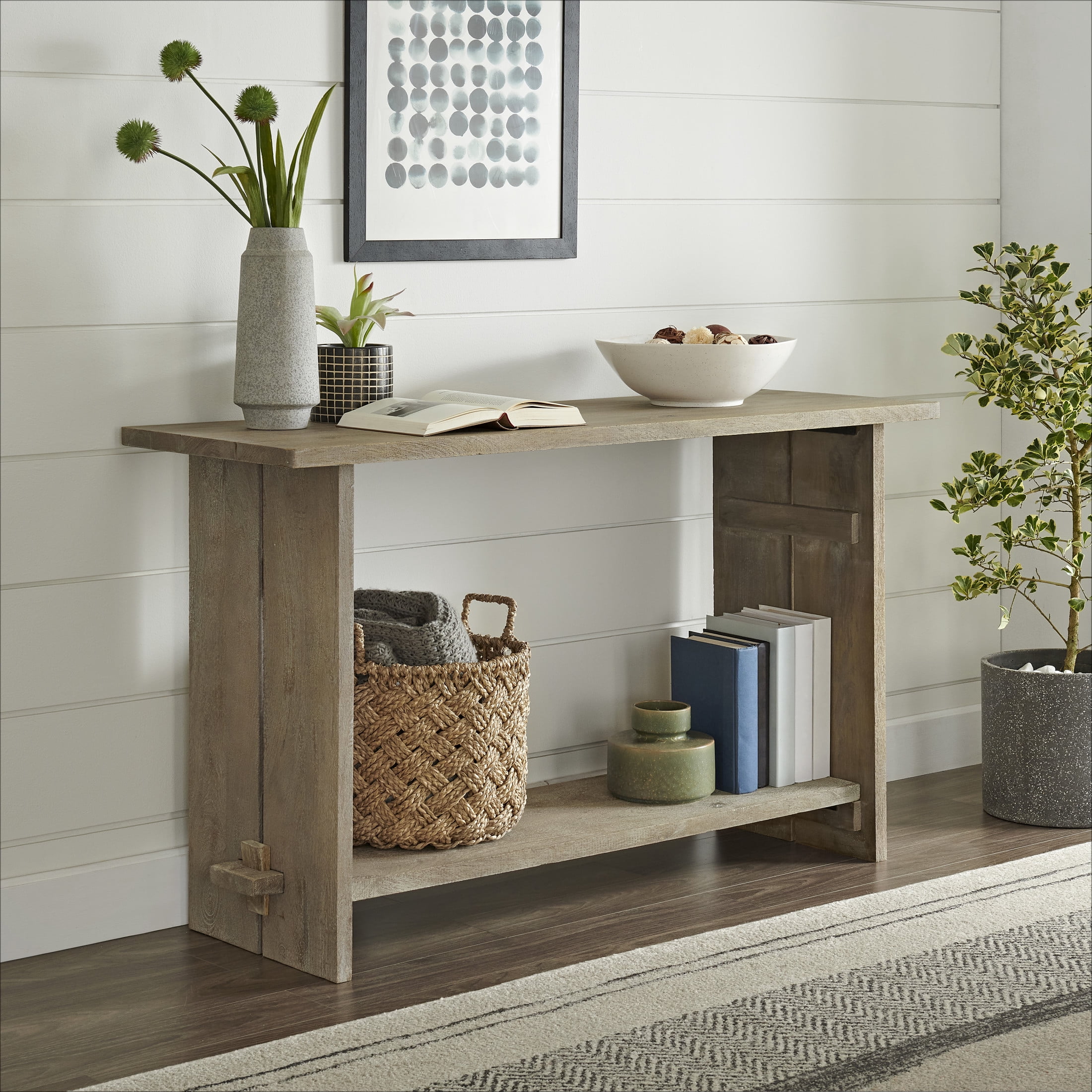 Alaterre Furniture Castleton Mango Wood Console Table, 52 in. W Entryway Table with Dual Shelf Storage, Driftwood Finish