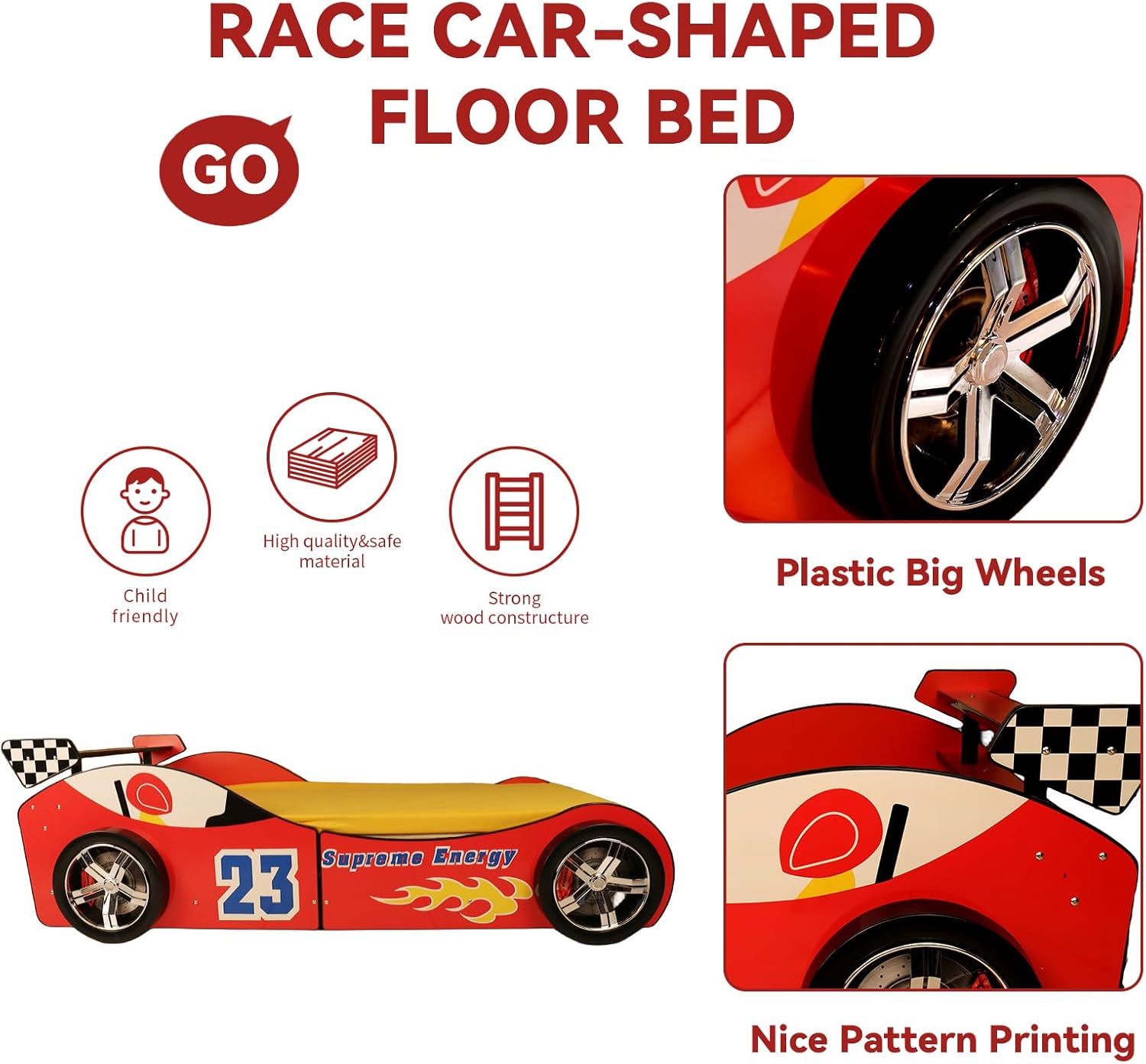 Twin Size Race Car Bed for Kids - Red Wooden Platform Frame with LED Lights, Wheels & Slat Support ,No Box Spring Needed