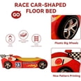 thumbnail image 2 of Twin Size Race Car Bed for Kids - Red Wooden Platform Frame with LED Lights, Wheels & Slat Support ,No Box Spring Needed, 2 of 8