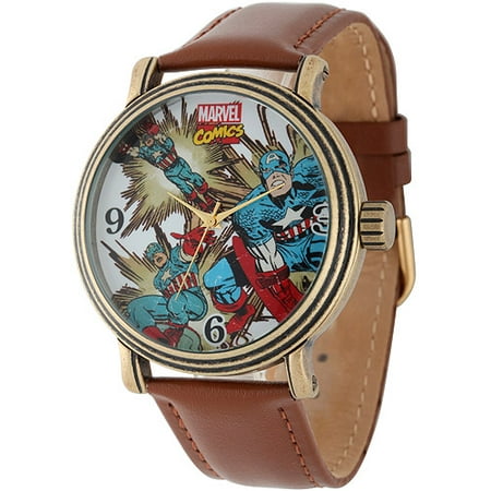 Marvel Captain America Men's Vintage Gold Antique Alloy Case Watch, Brown Leather Strap