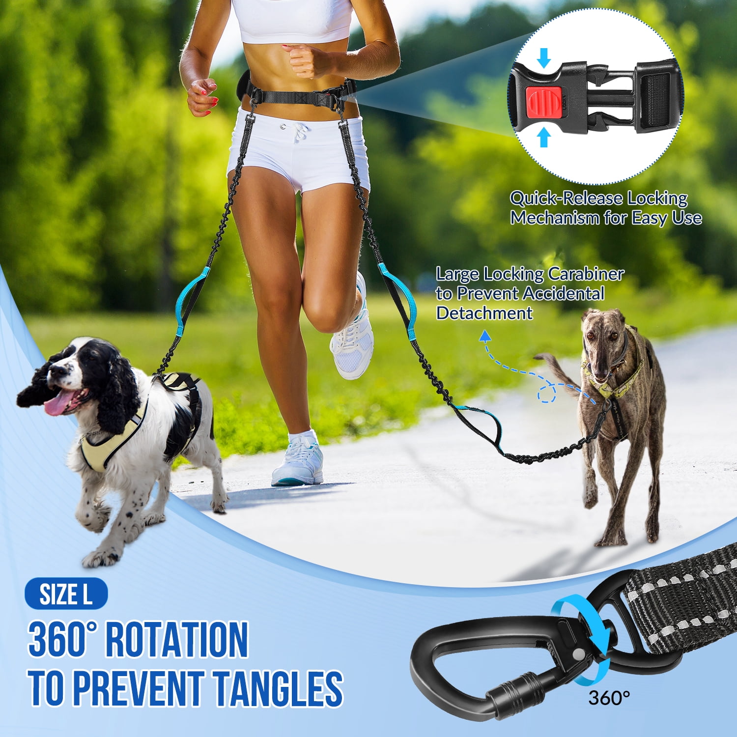 AUTOWT Hands Free Dog Leash with Dual Bungees for 2 Dogs, Adjustable Waist Belt Fanny Pack