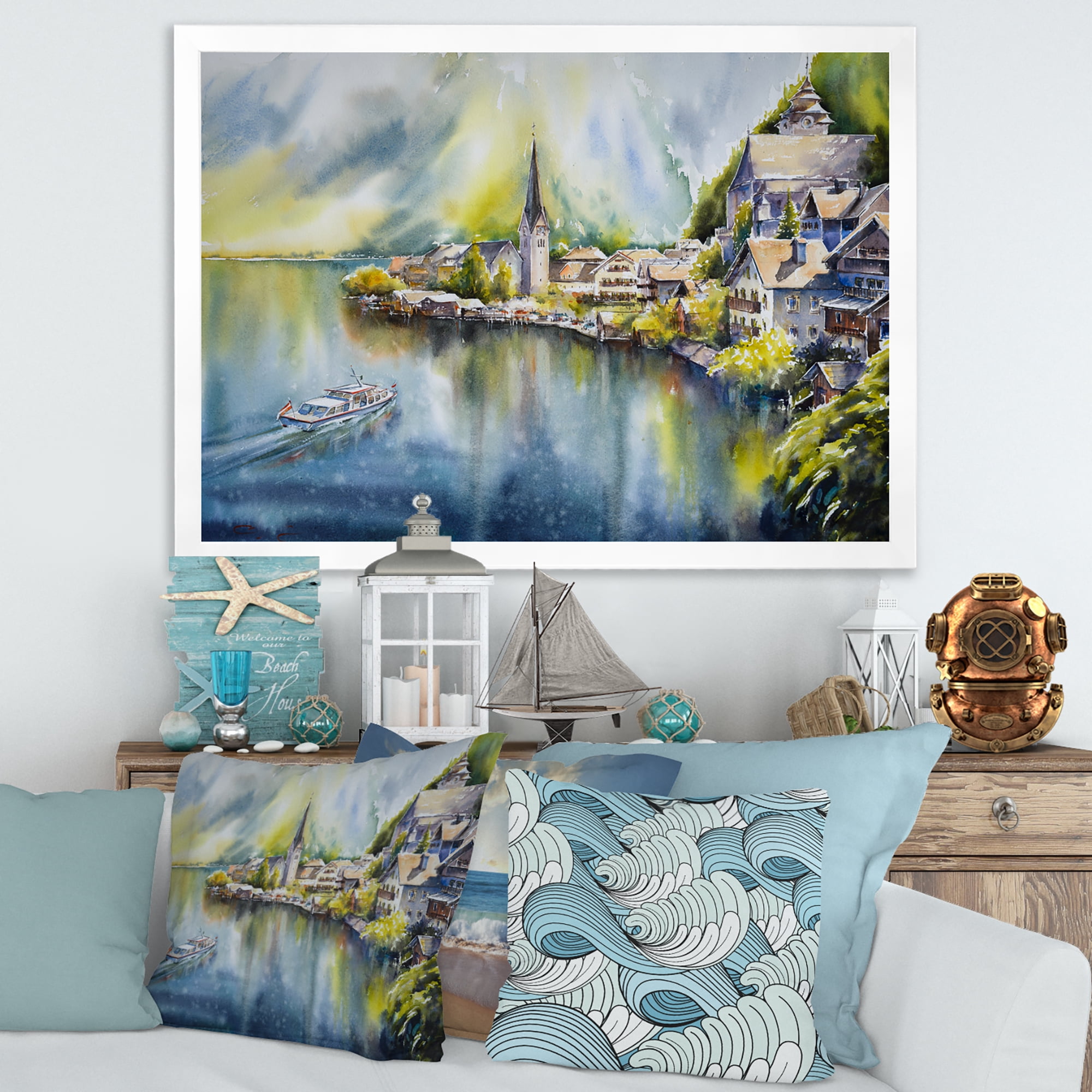 Designart 'The River In Austria Through Mountain Village' Nautical & Coastal Framed Art Print