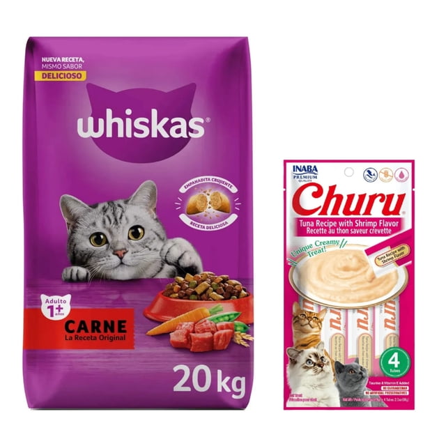 Whiskas Original Carne 20 kg + Churu Atún con Camaron Sobre con 4 Tubos de 14 g