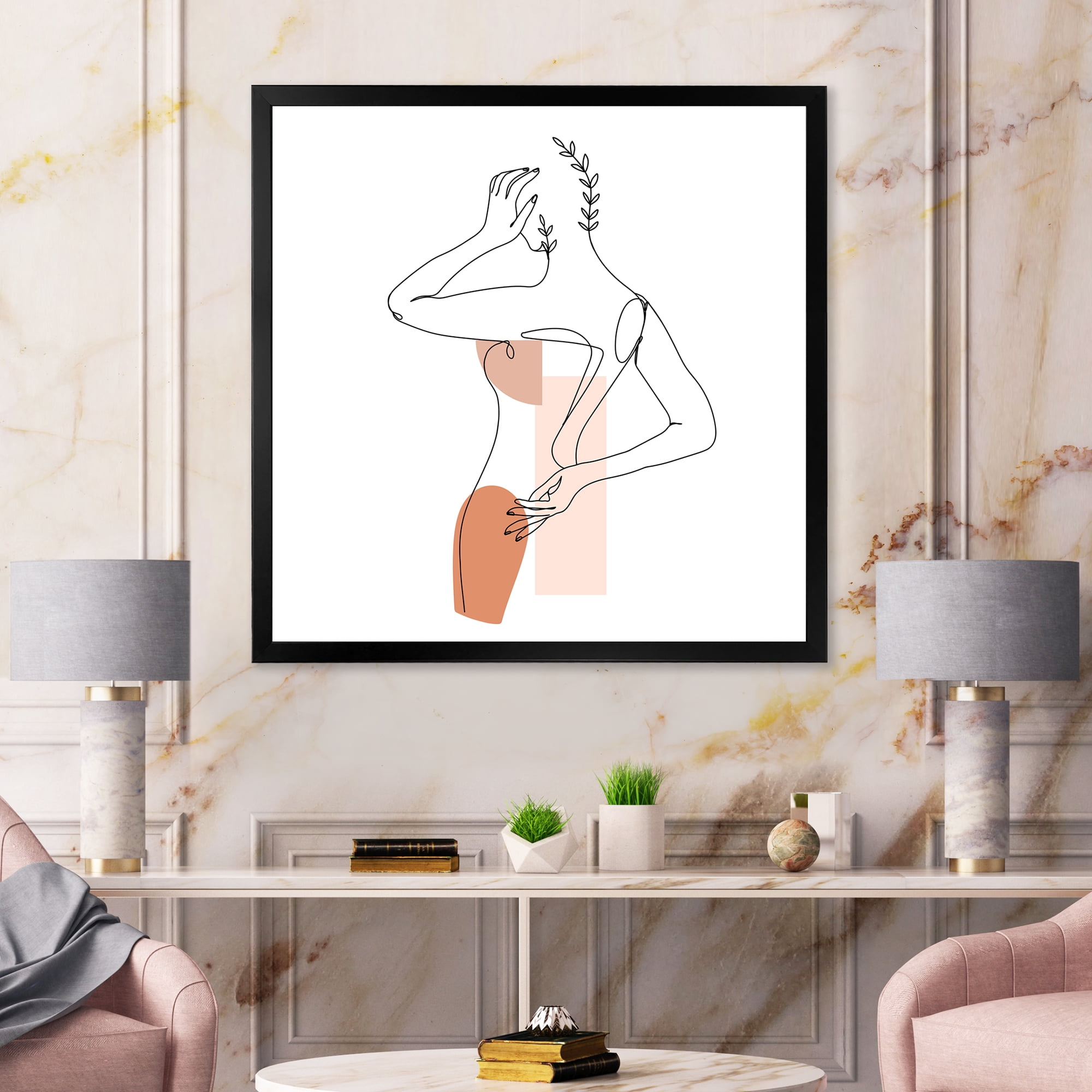 Designart 'One Line Woman Portrait With Shapes and Leaves II' Modern Framed Art Print