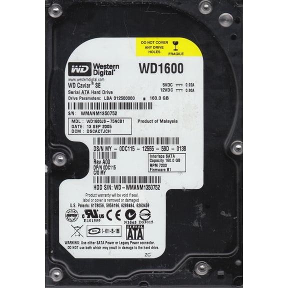 WD1600JS-75NCB1, DCM DSCACTJCH, Western Digital 160GB SATA 3.5 Hard Drive