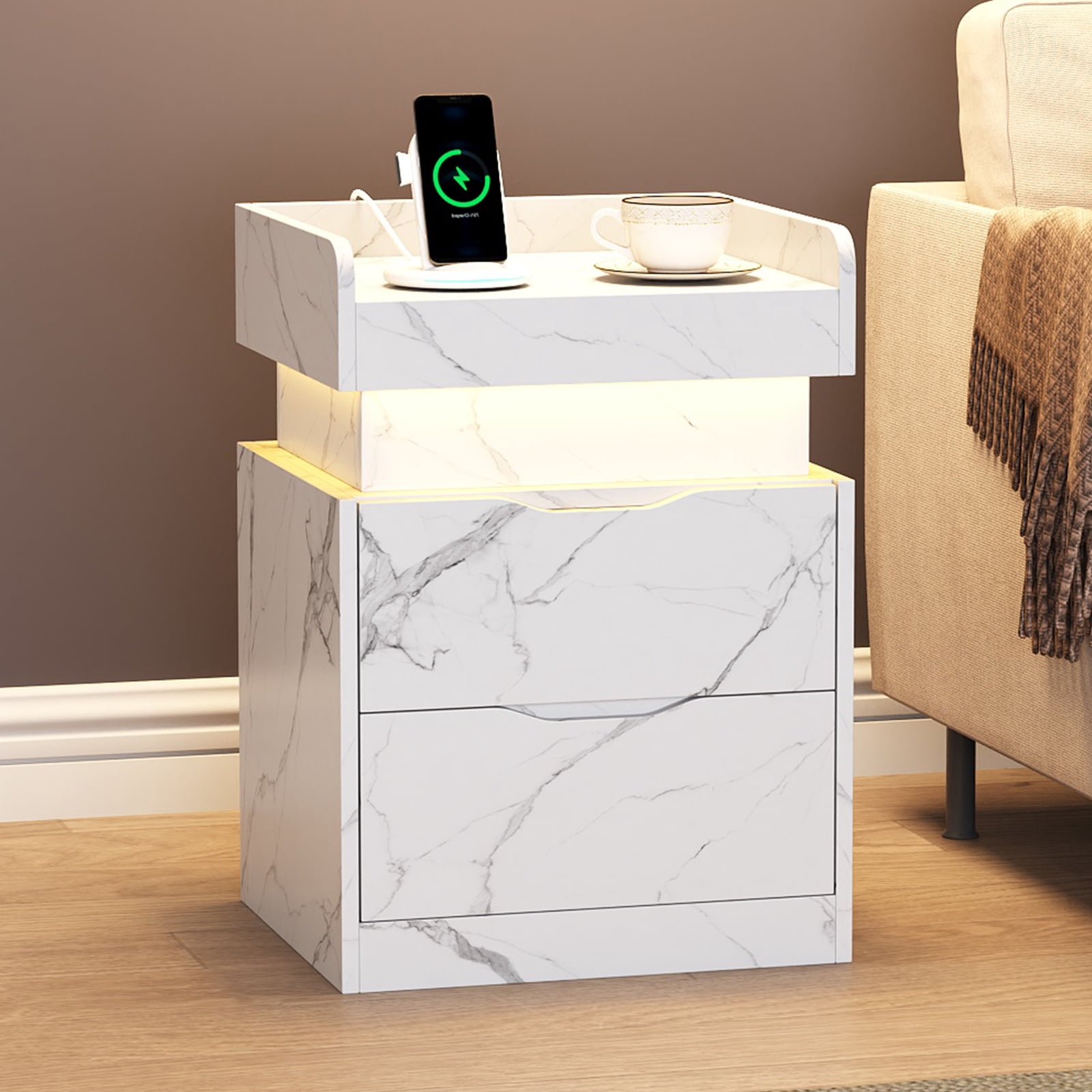Nightstand with Charging Station, White Bedside Table LED Modern Nightstand with 3 Hidden Drawer for Bedroom Living Room,White Marbled