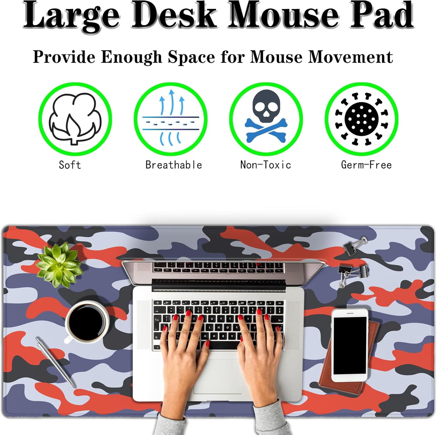 Keyboard Mouse Pad Blue Home Office Desk Pad Large Mousepads Computer Mat Keyboard Desk Mat Waterproof Non-Slip Rubber Base 35.4" X 15.7" for Game Office, Camouflage with Red Spots