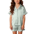 thumbnail image 5 of Xdegoge 3 Piece Pajama Set for Women Silky Button Down Outfit Short Sleeve Ruffle Trim Satin Pajamas Sets Notched Collar Open Front Top, Shorts and Long Pants Comfy Homewear, 5 of 9