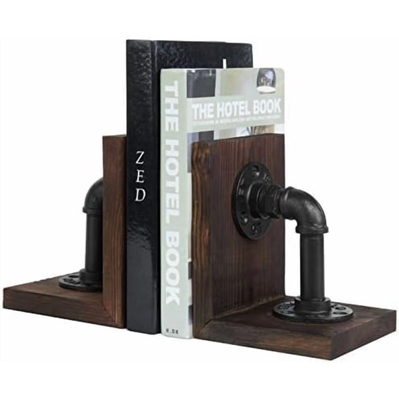 Book Ends Decorative, Bookends for Shelves, Metal Bookends for Heavy Books, Office Decor for Men, Wood Book Stopper, Realistic Industrial Pipe Design, Dark Brown