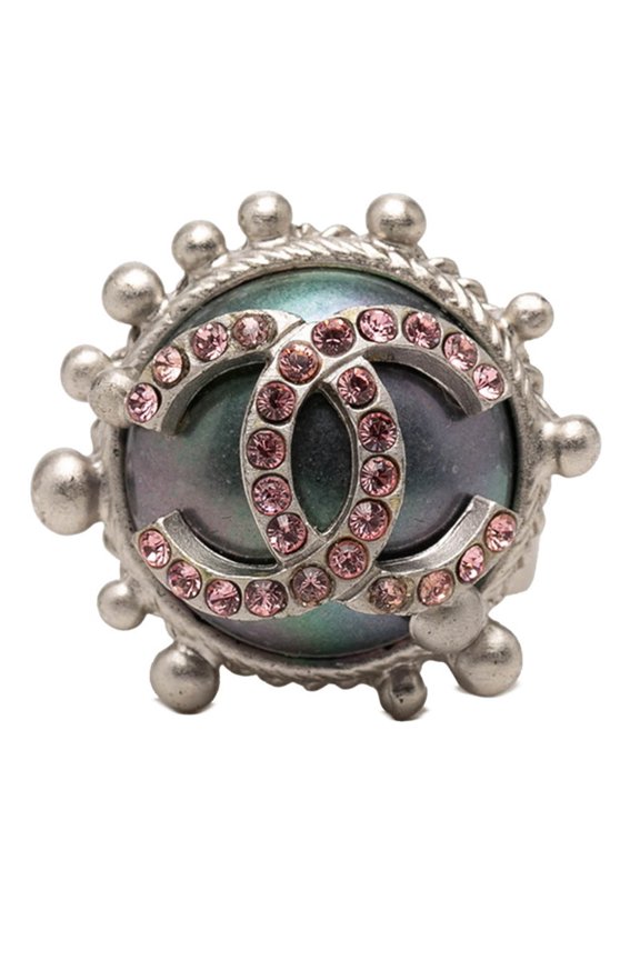 Pre-Owned Chanel Coco Mark Ring, 02C, Silver with Pink Metal Rhinestones, Women's, CHANEL