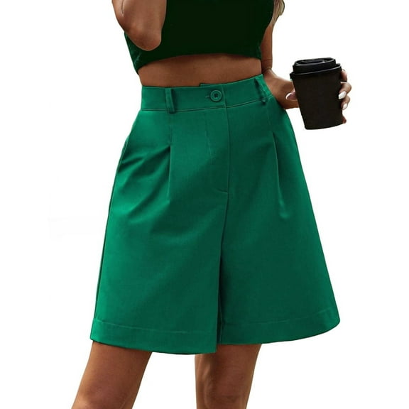 Elastic Waist Wide Leg Knee Length Summer Shorts for Women with Pockets Green XXL
