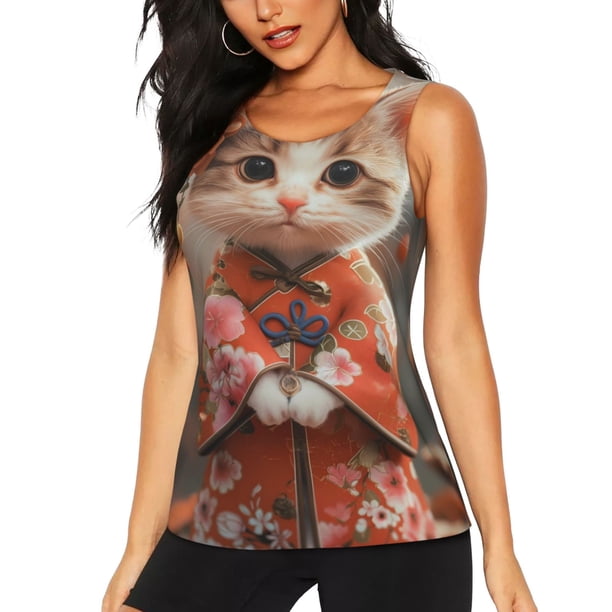Fotbe Adorable Kitten In Kimono Blusas Sin Mangas para Mujer – Estilo Casual, Corte Suelto, Slim-Fit, Cuello Redondo Deportivo, Tops de Verano para Gimnasio y Yoga-XX-Large