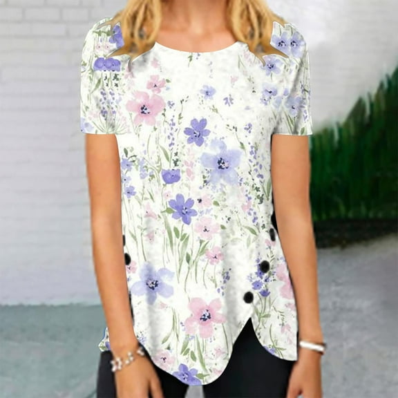 Pink Women's Short Sleeve T-shirt, Women'S Summer Round Neck Retro Flower Print Irregular Hem Loose Casual Top,Women's Short sleeve T-shirt S