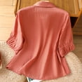 thumbnail image 4 of Tops de Manga de Cuarto para las Mujeres Bordados Botón de Algodón Cuello de Vuelta Cinco Cuartos de Manga de Moda, 4 of 9