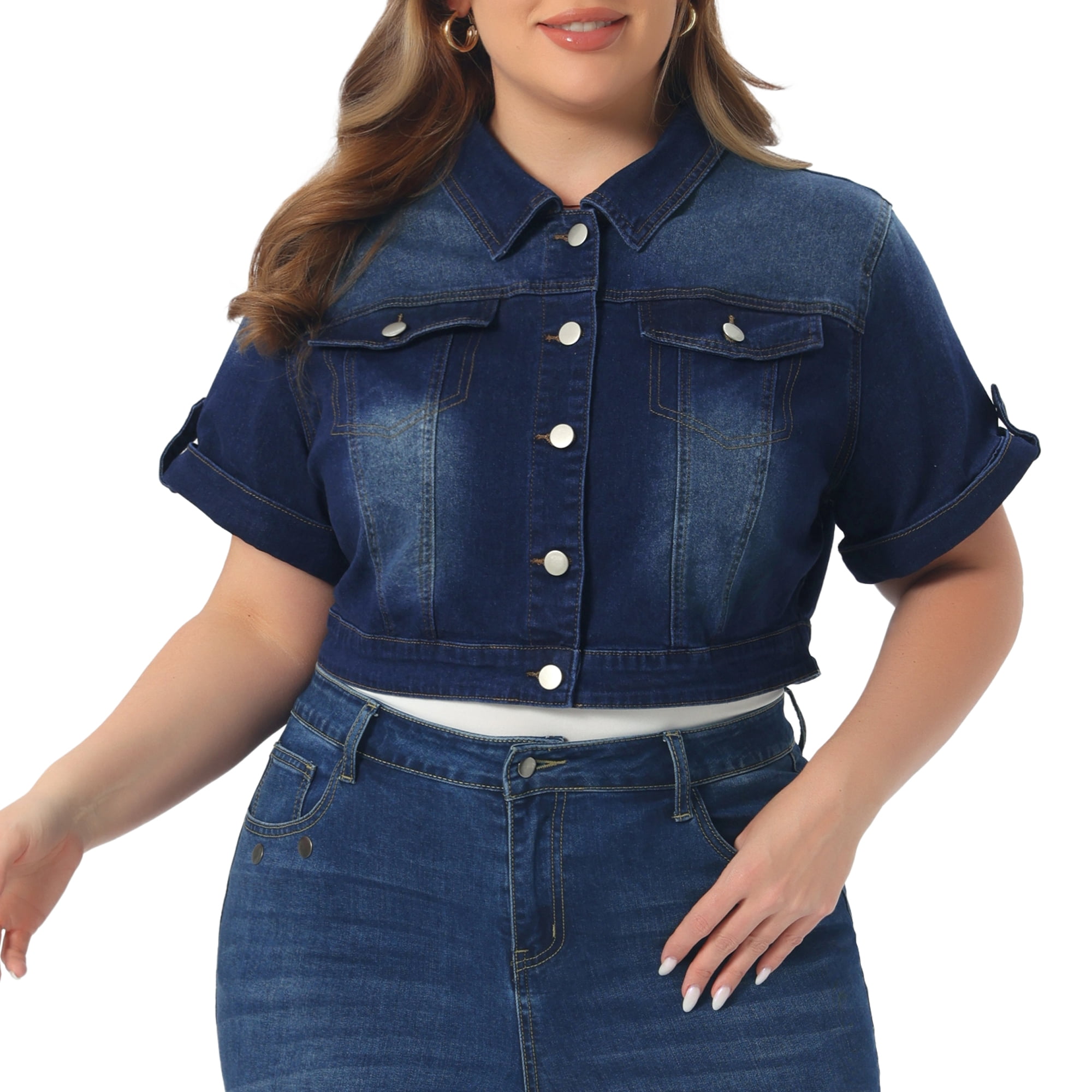 DARING DIVA Women's Plus Size Short Sleeve Button Cropped Jean Jacket 3X Black Blue