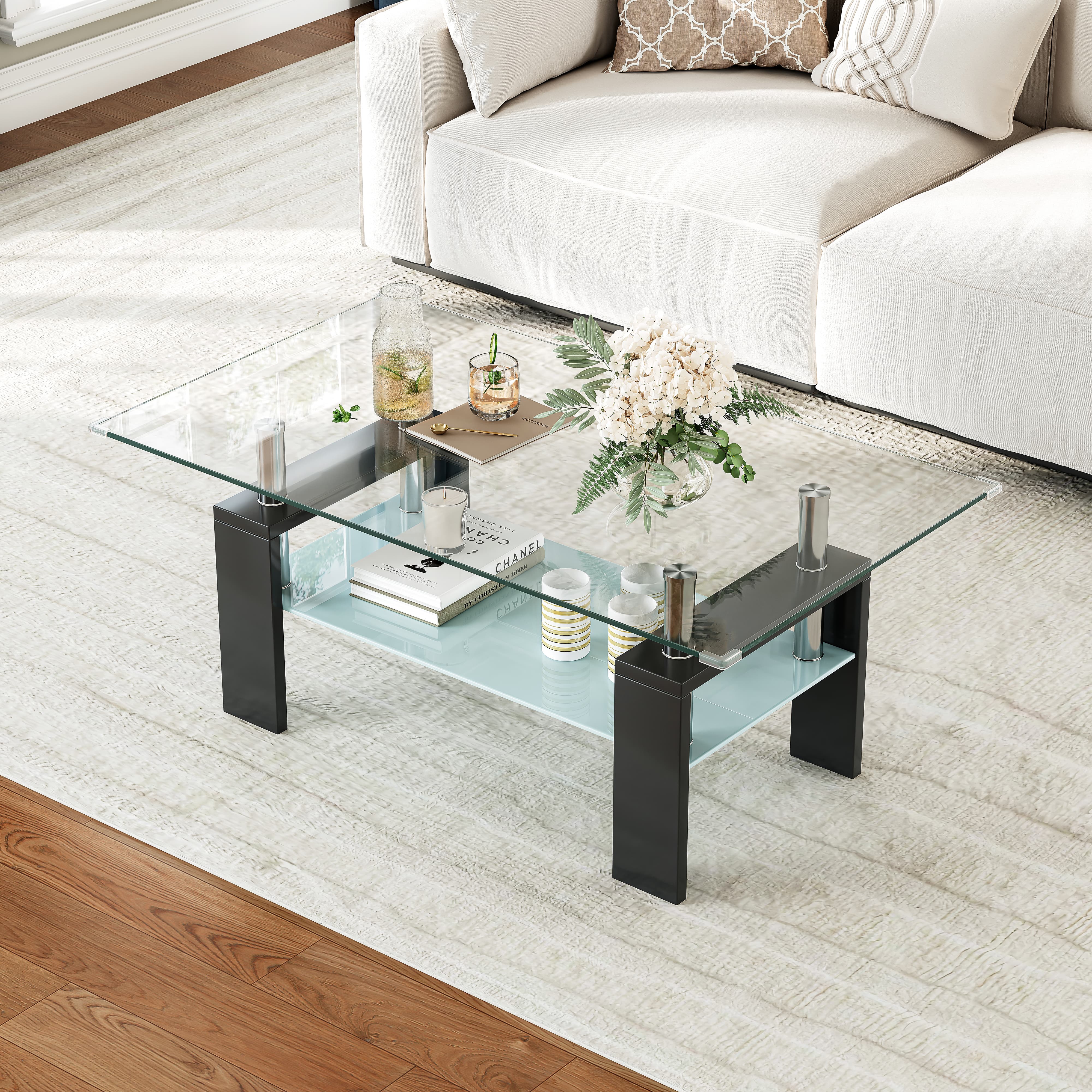 Rectangle Glass Coffee Table, 37.2"  2-Tier Modern Tea Table with Storage Shelf for Living Room
