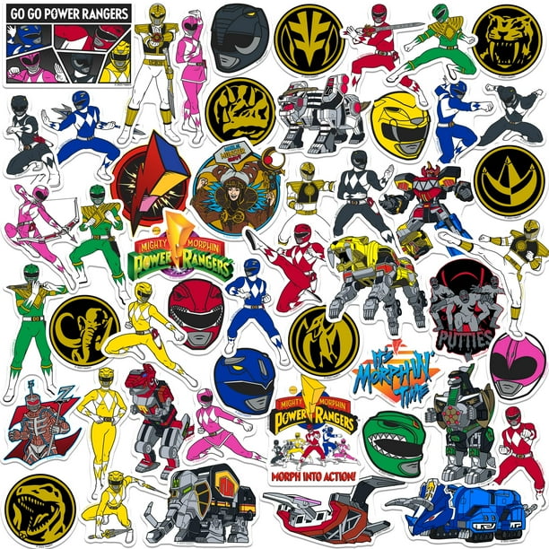 Paquete variado de pegatinas GRAPHICS & MORE Mighty Morphin' Power Rangers de vinilo de 50 quilates, tamaño grande de lujo, para portátil, botella de agua, álbum de recortes, tableta, monopatín