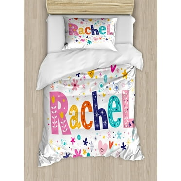 Rachel Twin Size Duvet Cover Set, Ornamental Lettering with Hearts Stars and Flowers Sixties Inspired Colorful Motifs, Decorative 2 Piece Bedding Set with 1 Pillow Sham, Multicolor, by Ambesonne