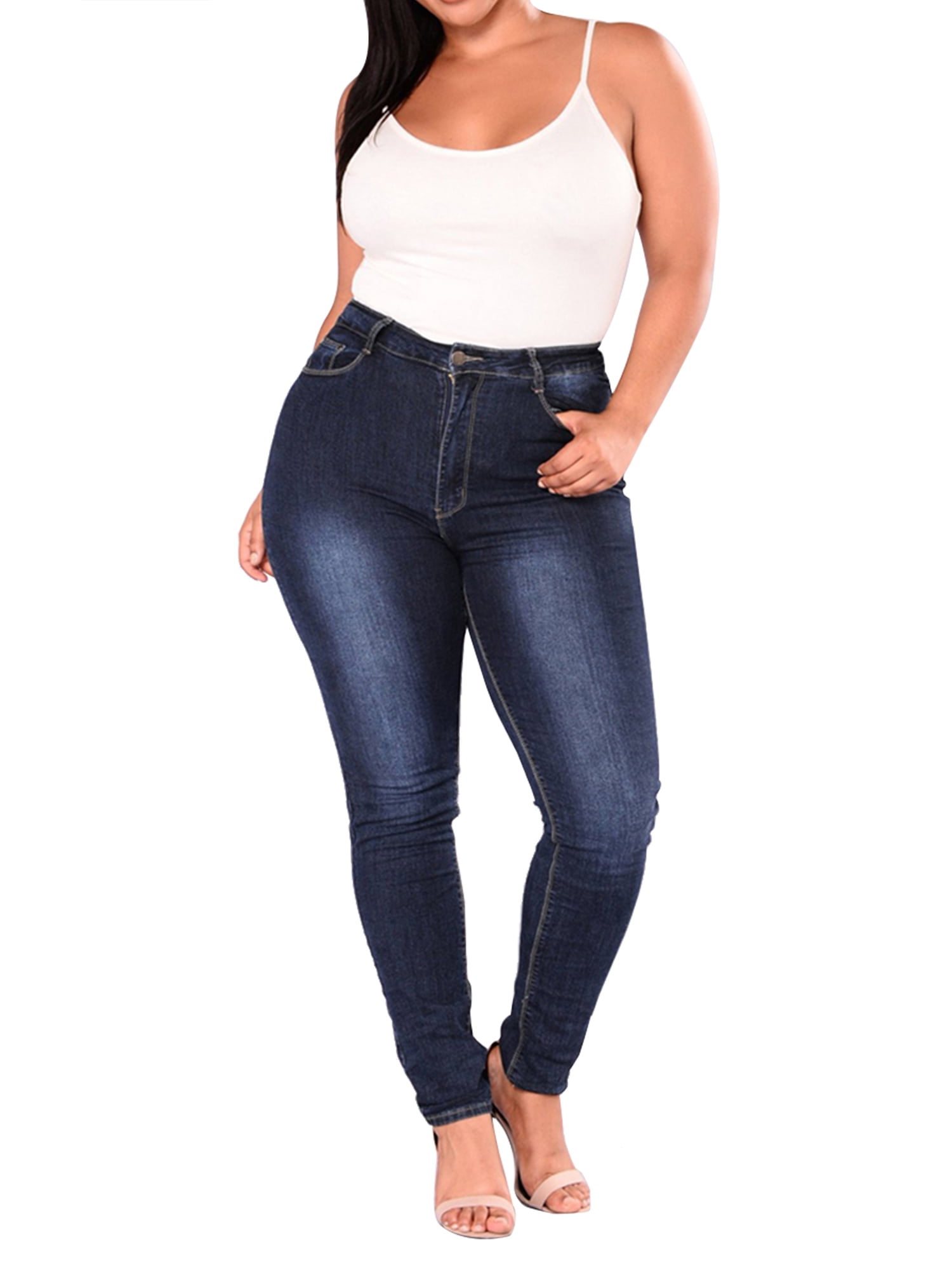 Xxl 7xl Women Stretchy Denim Jeans High Waist Pockets Slim Fit Trouser Skinny Pencil Pants Plus