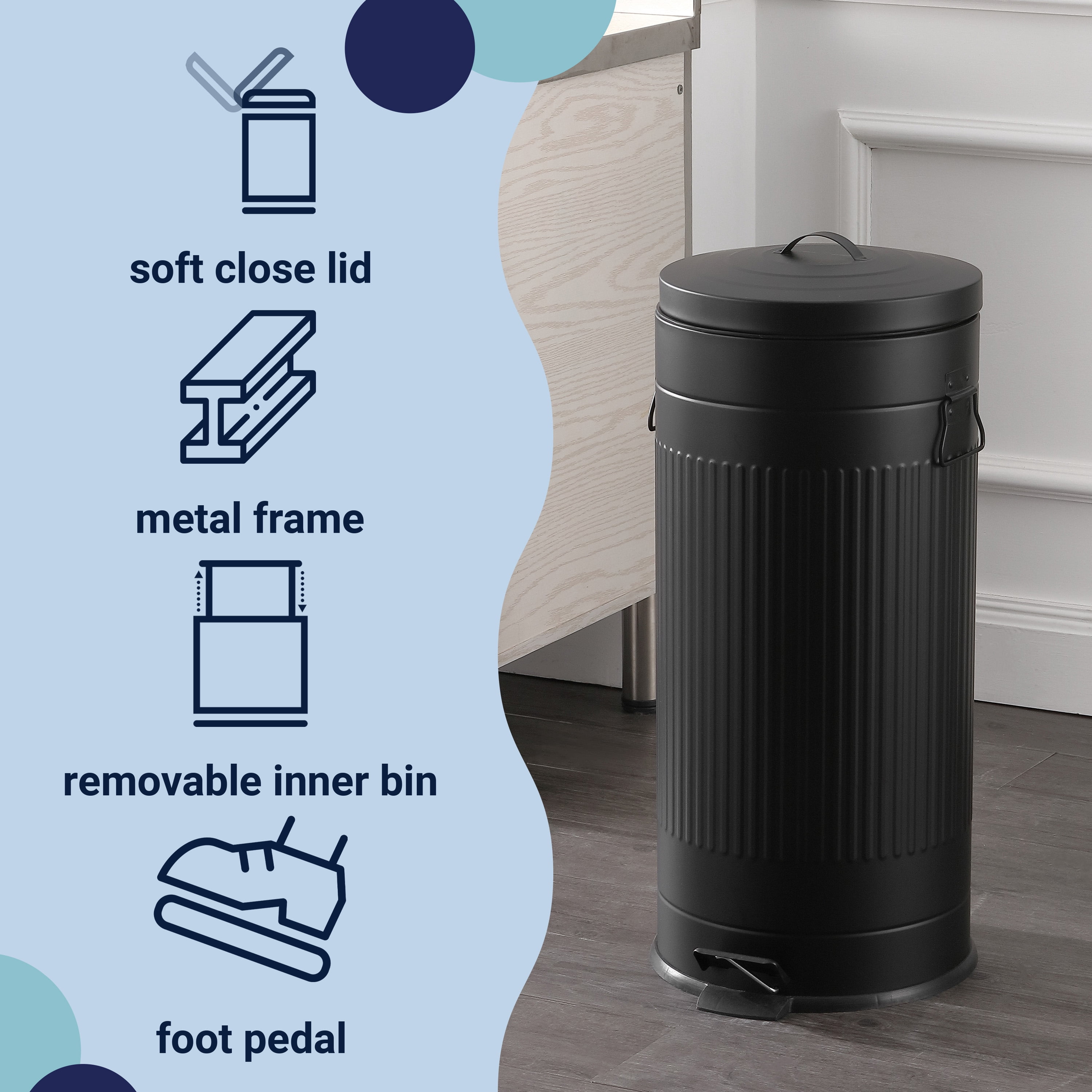happimess Theo Retro 8-Gallon Step Trash Can with Soft-Close Lid and FREE Mini Trash Can, Charcoal Black, HPM1018B