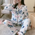 thumbnail image 5 of TNOBHG Women Pajama Set Women Spring Summer Pajama Set Floral Print Silky Lapel Long Sleeve Loose Single-breasted Wide Leg Homewear Shirt Pants Set Sleepwear, 5 of 8