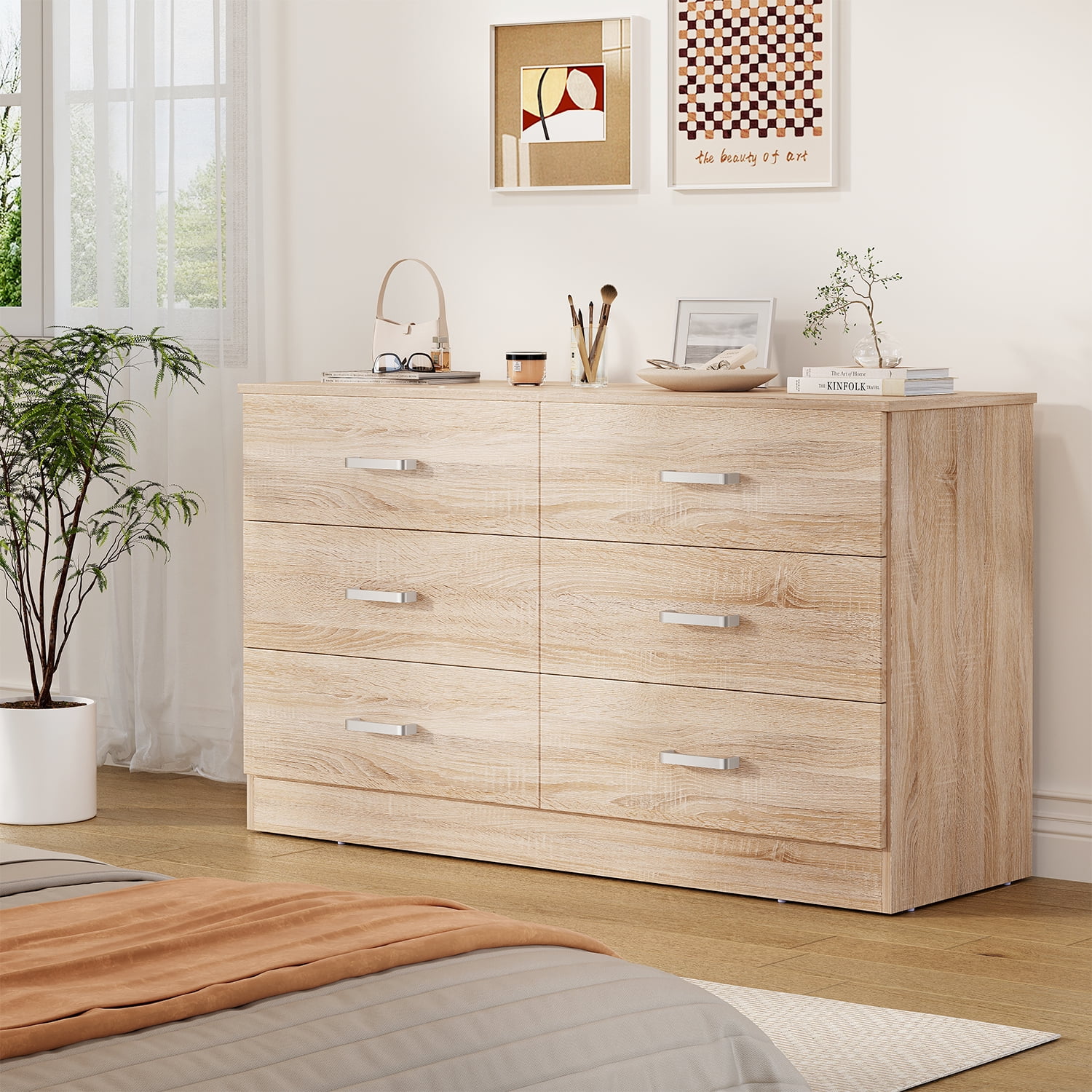 Winkalon 6 Drawer Oak Double Dresser,Wood Storage Cabinet with Easy Pull Out Handles for Living Room,Chest of Drawers for Bedroom