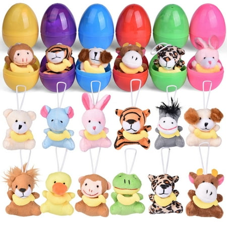 Fun Little Toys Multi-color Solid Print Plastic Basket Stuffers Easter Eggs, with Mini Animal Plush Toys (12 Pieces)