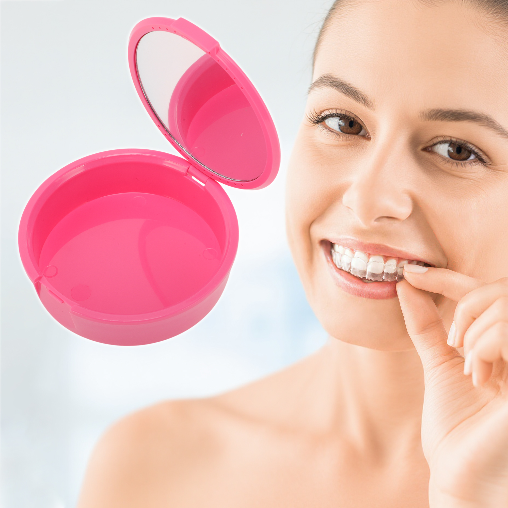 Unique Bargains Round Braces Box with Mirror 1 Pc Pink