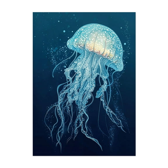 Japandi Wall Art Jellyfish Painting Blue Wall Art Maximalist Japanese Wall Art Ocean Wall art White and Blue Poster - Painting Marine Life Aquatic Ocean Nature Unframed Wall Art Print 4 x 6 inches