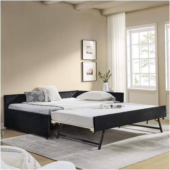 Full Size Upholstered Daybed with Trundle, Tufted Sofa Bed Convertible Frame for Living Room