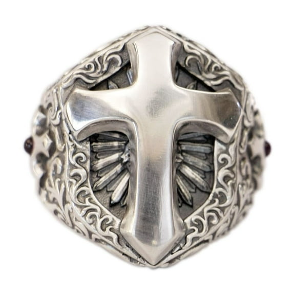 925 Sterling Silver Details Cross Shield Biker Ring TA471 US Size 10