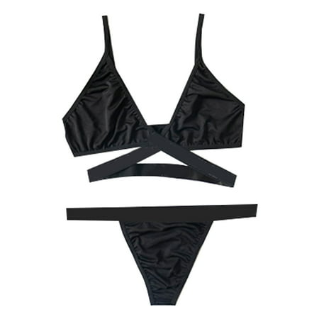 adviicd Women s Bikini Swimsuits Women s Sexy Thong Bottom Two Piece Bikini Double Shoulder Straps Cute Swimsuit Triangle Bathing (Black L)