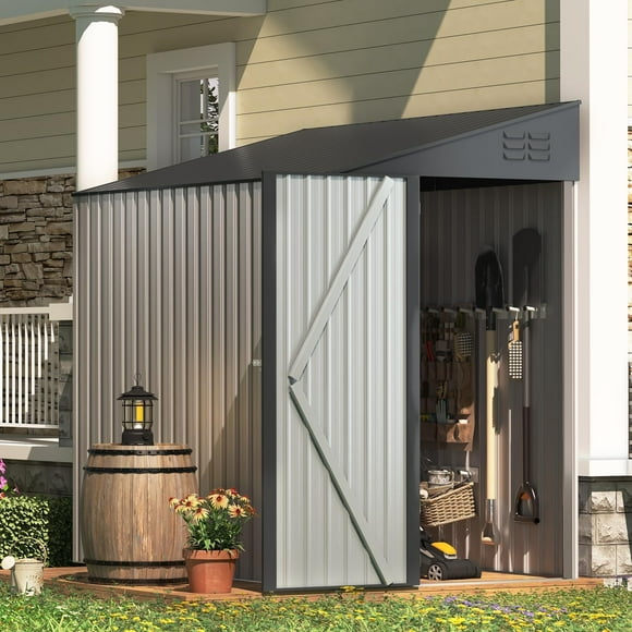 AECOJOY 4' x 6' Metal Storage Shed, Lean-to Design and Lockable Door for Garden, Grey