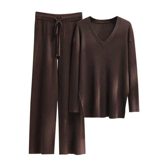 Besolor Womens 2 Piece Sweater Set Outfits V Neck Long Sleeve Knit Sweater and Wide Leg Pants Lounge Sets Tracksuit