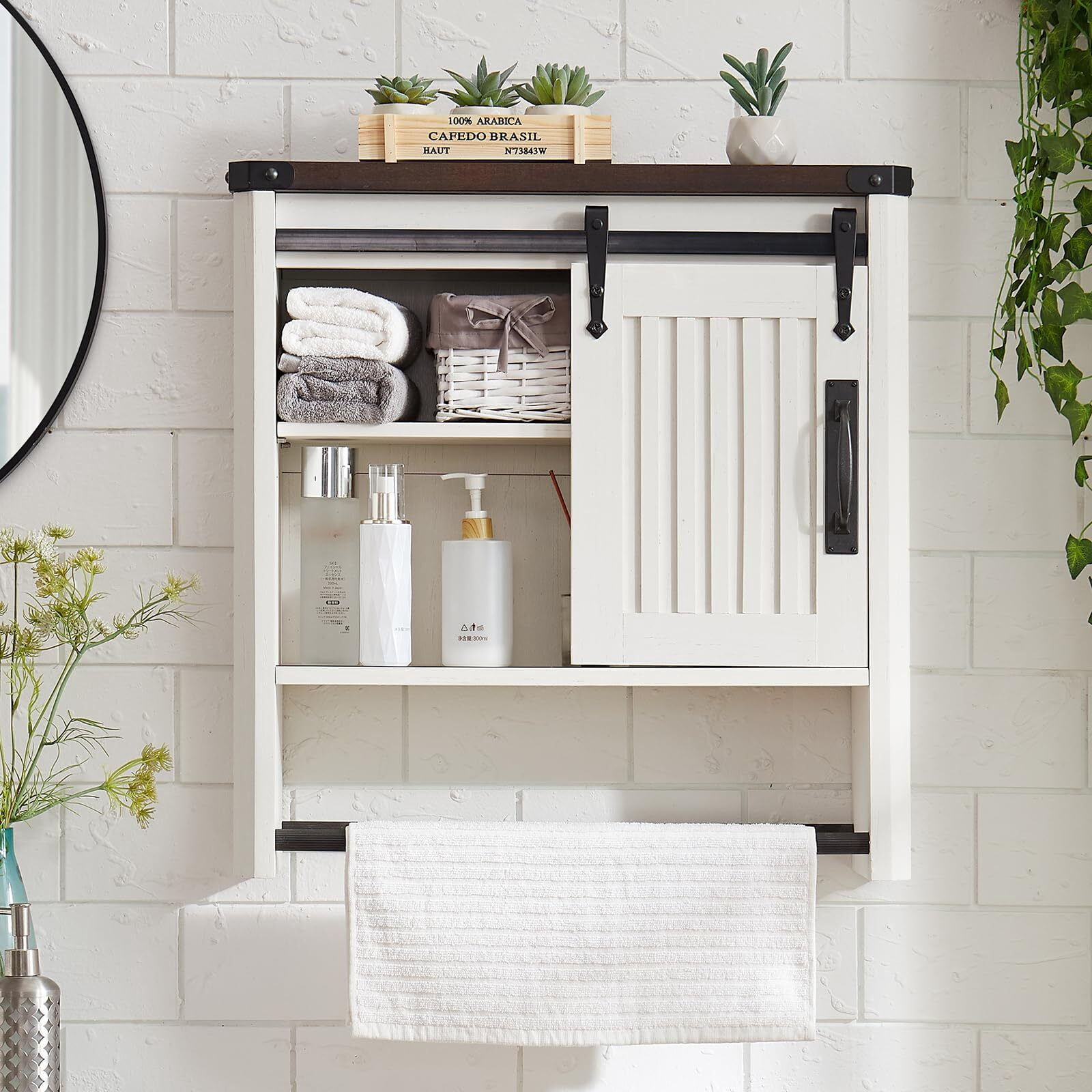 Buildhom Farmhouse Bathroom Medicine Cabinet with Sliding Barn Door & Adjustable Shelves, Multi-Purpose Wall Mounted, Antique White