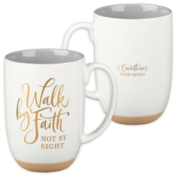 Christian Art Gifts Large Ceramic Novelty Scripture Coffee & Tea Mug for Men & Women: Walk by Faith Inspirational Bible Verse w/Clay Base & Gold, Non-toxic Lead-free Drinkware, White & Gray, 15 oz.