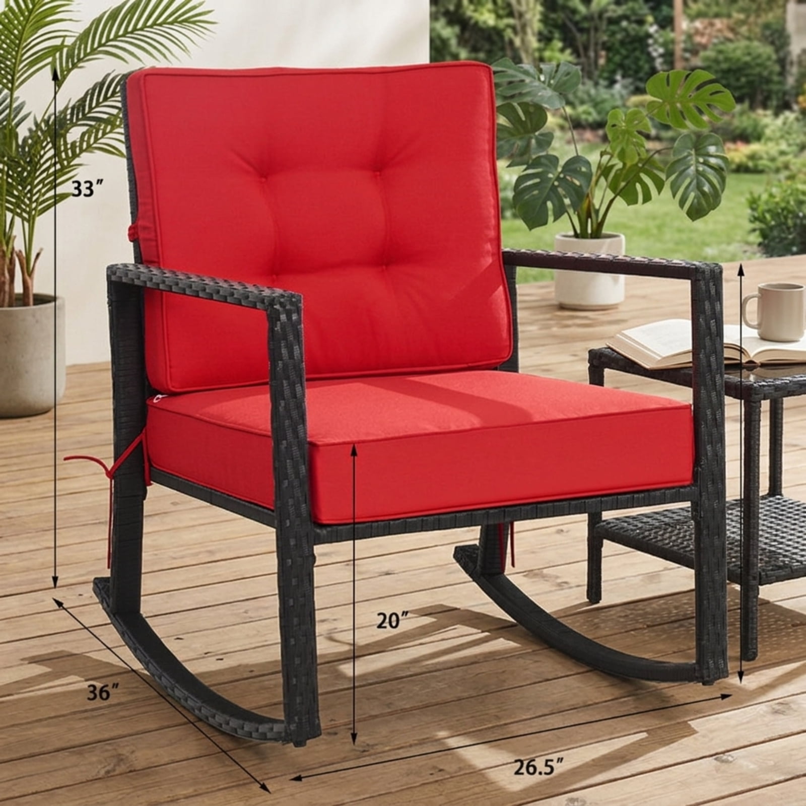 Furnibear Patio Rattan Rocking Chair Outdoor Glider Lounge Chair with Red Cushion, Wicker Rocker for Lawn Garden Deck Backyard, 360 lbs