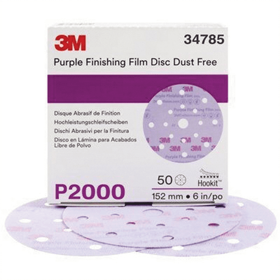 3M 34785 260L Series Dust Free Abrasive Disc, 6 in Dia, P2000 Grit, Hook and Loop, Purple