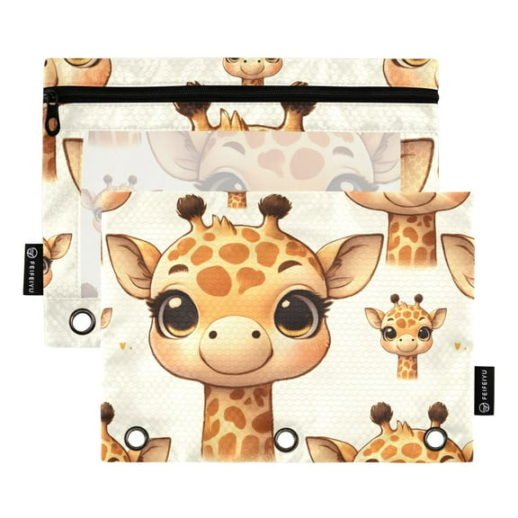 Cute Baby Giraffe Head 2 Pack Pencil Pouch for 3 Ring Binder Smooth Zipper Folders with Pockets Clear Window Pencil Case