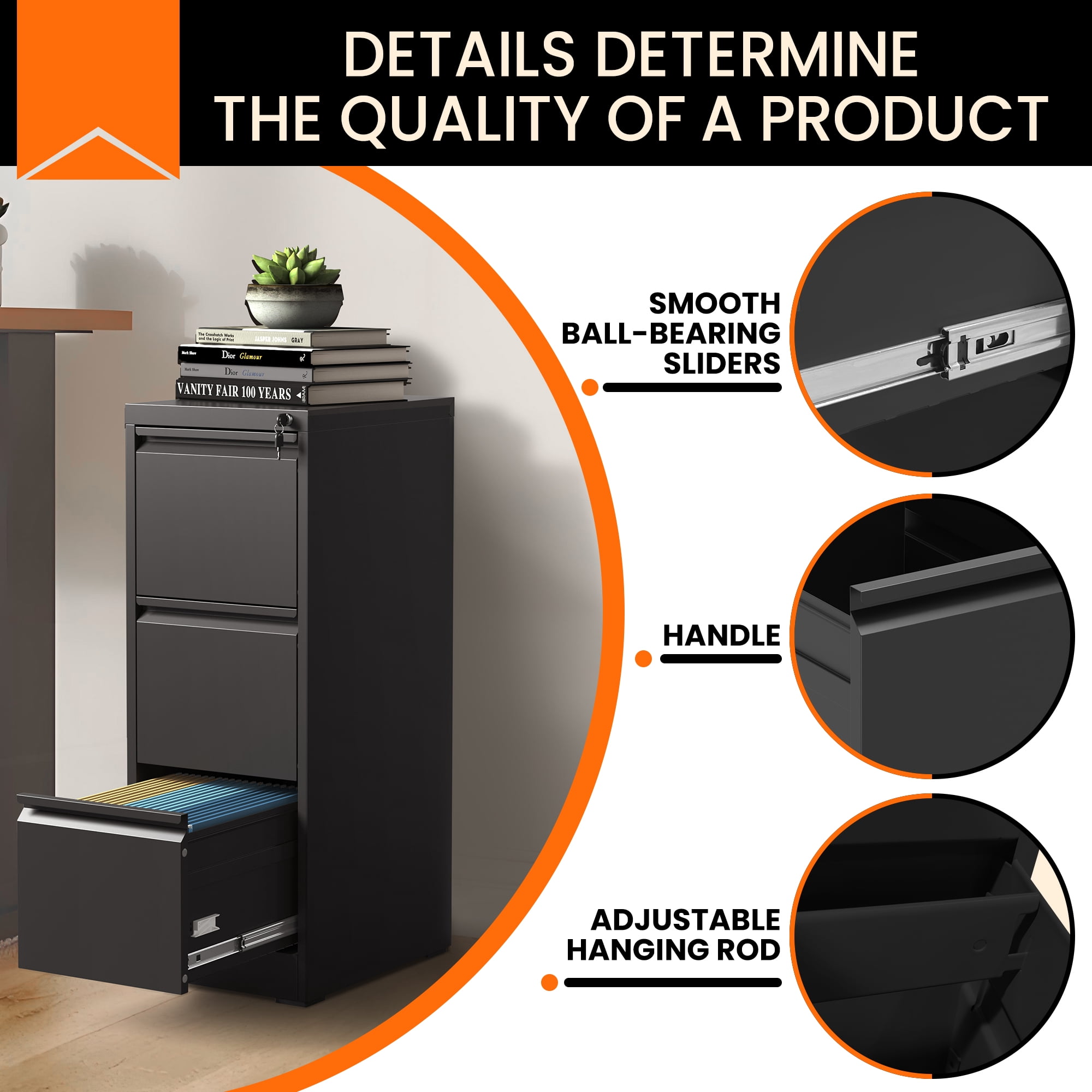 BIZOEIRON 3 Drawer Metal File Cabinet with Lock, Vertical Filing Cabinet for Hanging Legal/Letter Size Files, Black