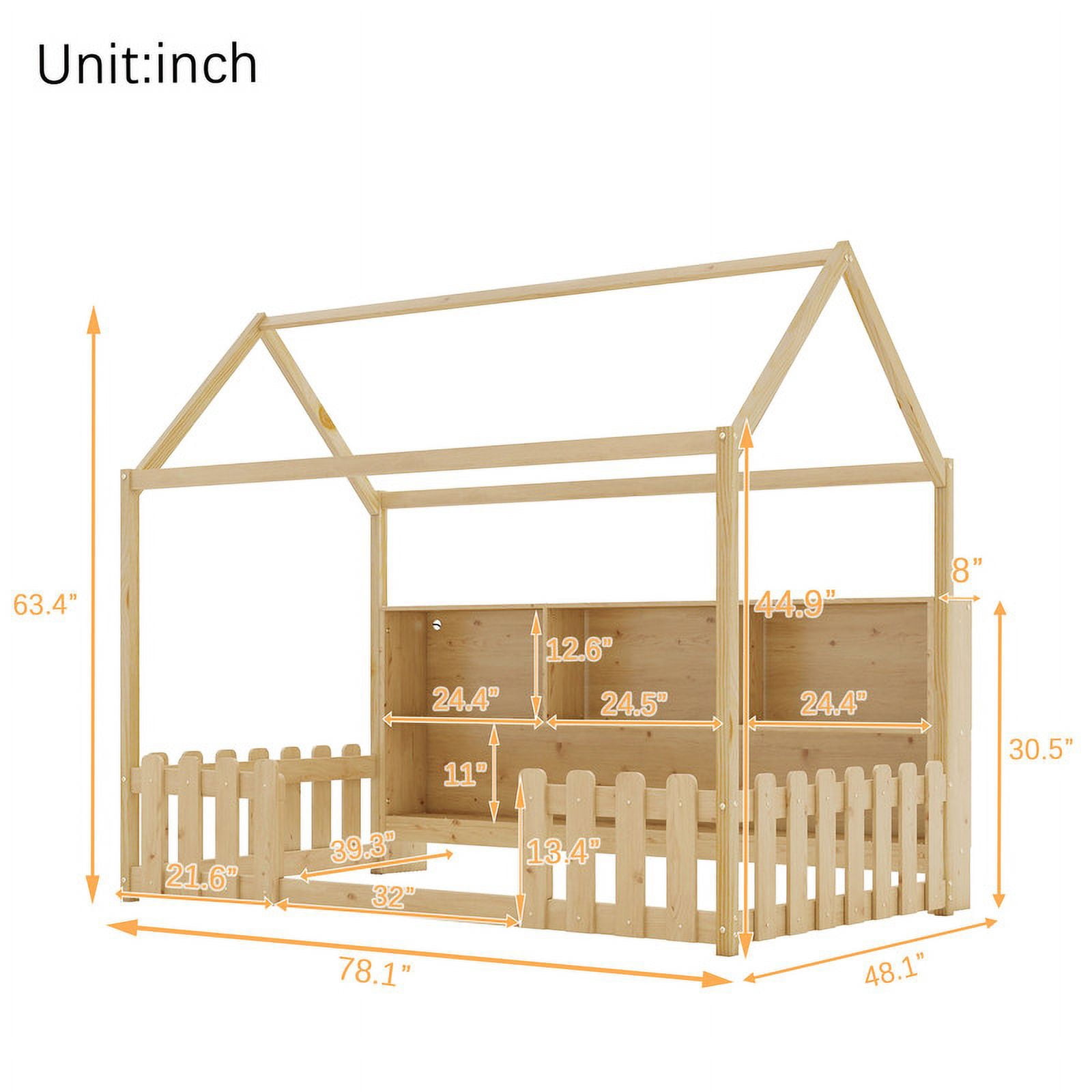 Mirightone Twin Size House Bed frame, Twin Floor Bed with High Rails & Storage Shelves, Montessori Bed with LED Light, Solid Wood House Floor Bed (Natural)