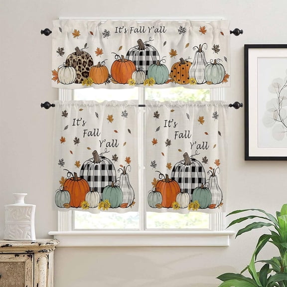 Thanksgiving Kitchen Curtains Tiers and Valances Set, It''s Fall Y''all Pumpkin Maple Leaves Sunflower Rod Pocket Valance Short Window Treatment Decor Curtains, 27.5"x24", 3 Pieces Set