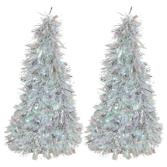 Iridescent Cone Shaped Silver Tinsel Trees 10 in for Office Desk Home Table Top Ornaments Party Favor Christmas Holiday New Year Decoration Seasonal Craft Material Gift Decorative Supplies - Pack of 2