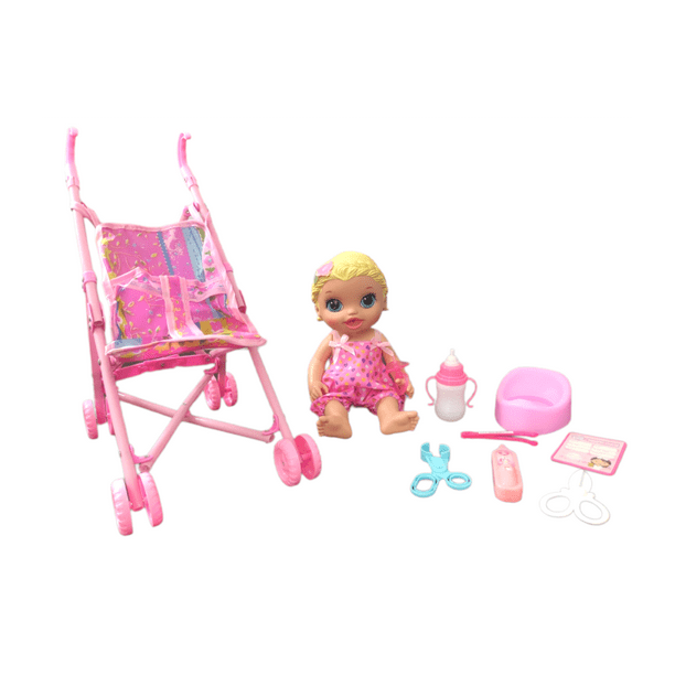 Carriola para Muneca con Accesorios The Baby Shop con 9 accesorios y carriola para la muneca Rosa